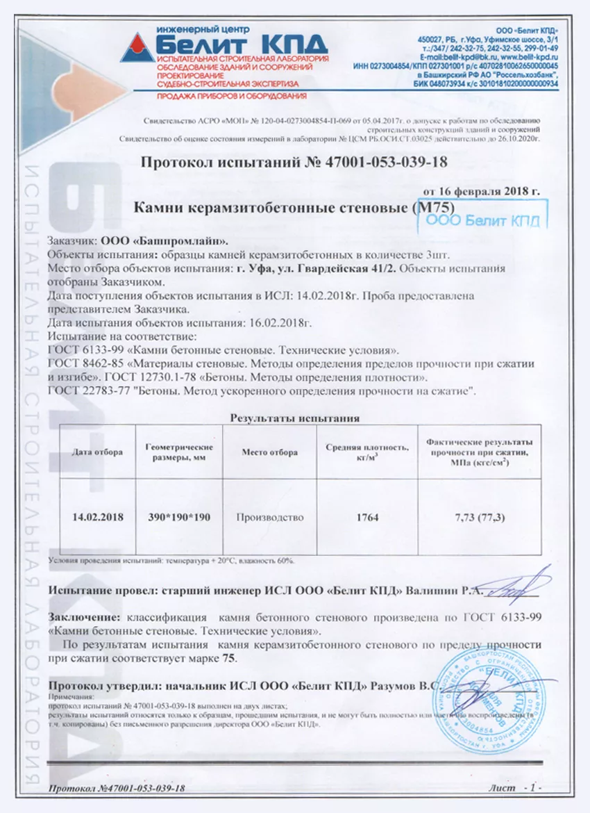 Протокол испытаний камней керамзитобетонных стеновых М75